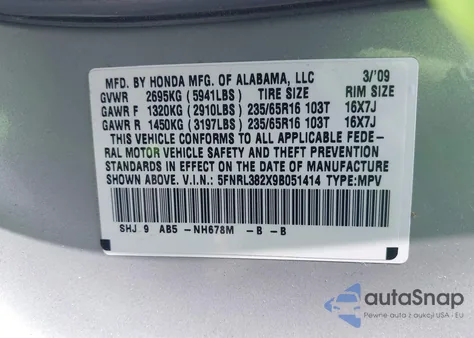 2009 Honda Odyssey Lx из США, поврежденный, VIN 5FNRL382X9B051414